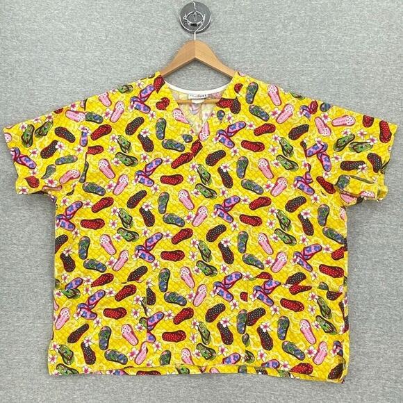 Peaches Uniforms Scrub Top Womens 3XL Yellow Flip Flops Healthcare Nurse Uniform - Picture 1 of 12
